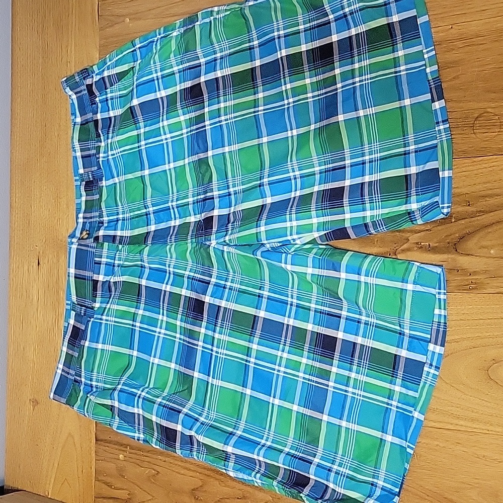 PGA Tour men's 38 waist blue, green, and white plaid golf shorts